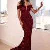 Long Off Shoulder Sequin Dress By Cinderella Divine CD975 Prom