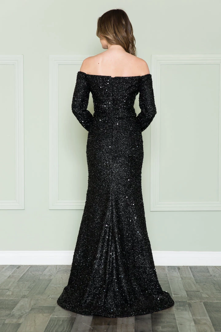 Long Off Shoulder Sequin Dress By Poly USA 8876 4 Long Off Shoulder Sequin Dress By Poly USA 8876