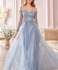 Long Off Shoulder Tulle Dress By Cinderella Divine CD0172