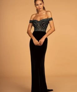 Prom Long Off Shoulder Velvet Dress With Beaded Top By Elizabeth K GL2628