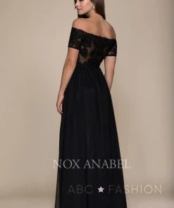 Long Off Shoulder Dress With Appliqued Bodice By Nox Anabel A061 Prom