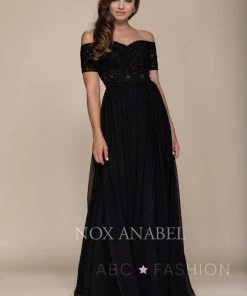 Long Off Shoulder Dress With Appliqued Bodice By Nox Anabel A061 Prom