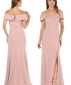 Long Off Shoulder Dress With Front Slit By Poly USA 8258