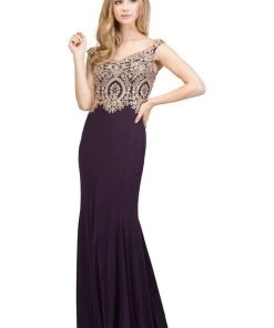 Starbox Prom Long Off The Shoulder Dress With Gold Lace Applique Bodice By Star Box 17288
