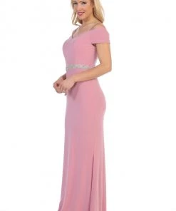 Long Off The Shoulder Dress With Jeweled Waistband By Celavie 6292-L