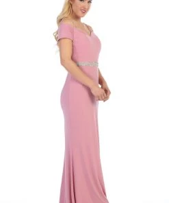 Long Off The Shoulder Dress With Jeweled Waistband By Celavie 6292-L