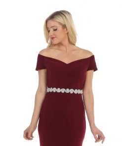 Long Off The Shoulder Dress With Jeweled Waistband By Celavie 6292-L