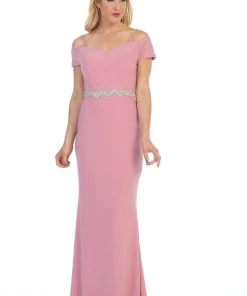 Long Off The Shoulder Dress With Jeweled Waistband By Celavie 6292-L