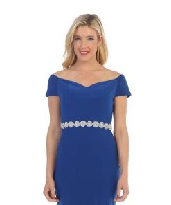 Long Off The Shoulder Dress With Jeweled Waistband By Celavie 6292-L