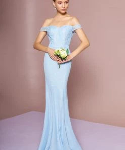 Long Off The Shoulder Dress With Lace Bodice By Elizabeth K GL2697 Prom