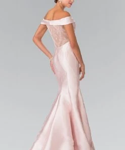 Long Off The Shoulder Dress With Sheer Lace Back By Elizabeth K GL2213
