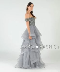Long Off The Shoulder Dress With Tiered Skirt By Poly USA 8006 Prom