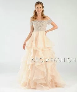 Long Off The Shoulder Dress With Tiered Skirt By Poly USA 8006 Prom
