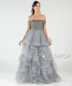 Long Off The Shoulder Dress With Tiered Skirt By Poly USA 8006 Prom