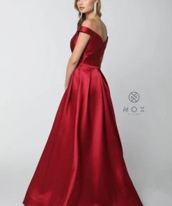 Long Off The Shoulder Satin Dress With Pockets By Nox Anabel C007 Prom