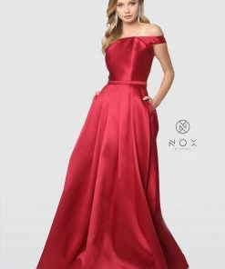 Long Off The Shoulder Satin Dress With Pockets By Nox Anabel C007 Prom