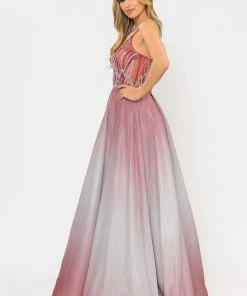 Long Ombre Glitter Dress With Sheer Bodice By Poly USA 8350