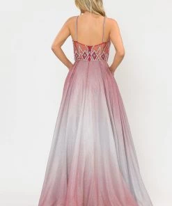Long Ombre Glitter Dress With Sheer Bodice By Poly USA 8350