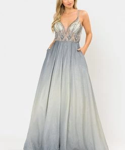 Long Ombre Glitter Dress With Sheer Bodice By Poly USA 8350