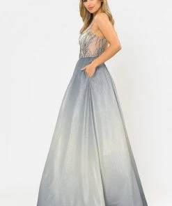 Long Ombre Glitter Dress With Sheer Bodice By Poly USA 8350