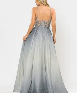 Long Ombre Glitter Dress With Sheer Bodice By Poly USA 8350