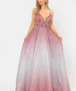 Long Ombre Glitter Dress With Sheer Bodice By Poly USA 8350