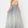 Long Ombre Glitter Dress With Sheer Bodice By Poly USA 8350