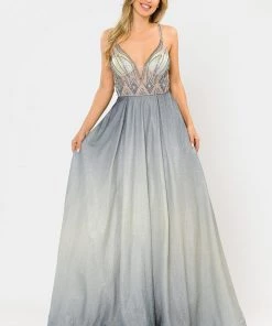 Long Ombre Glitter Dress With Sheer Bodice By Poly USA 8350