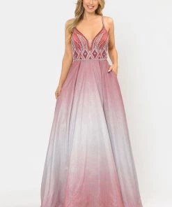 Long Ombre Glitter Dress With Sheer Bodice By Poly USA 8350