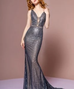Prom Long Ombre Glitter Dress With Sheer V-Neckline By Elizabeth K GL2678