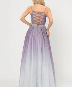 Long Ombre Glitter Two Piece Dress By Poly USA 8706