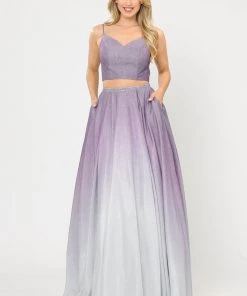 Long Ombre Glitter Two Piece Dress By Poly USA 8706