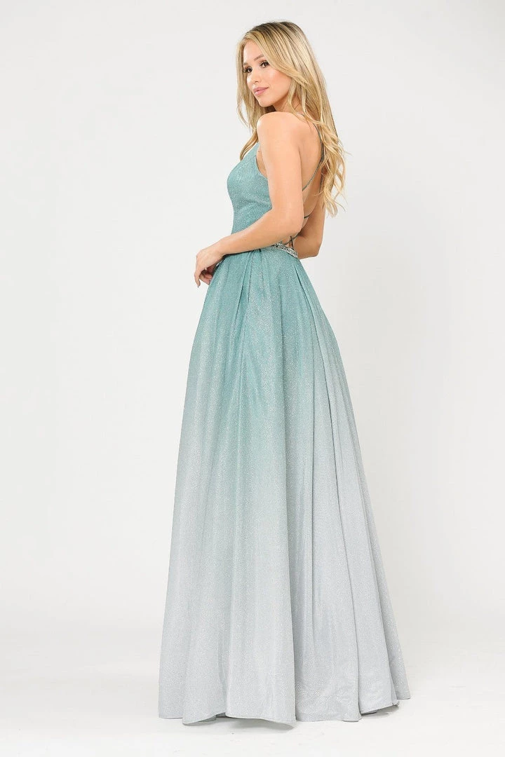 Prom Long Ombre Glitter V-Neck Dress With Corset Back By Poly USA 8712 9 Prom Long Ombre Glitter V-Neck Dress With Corset Back By Poly USA 8712