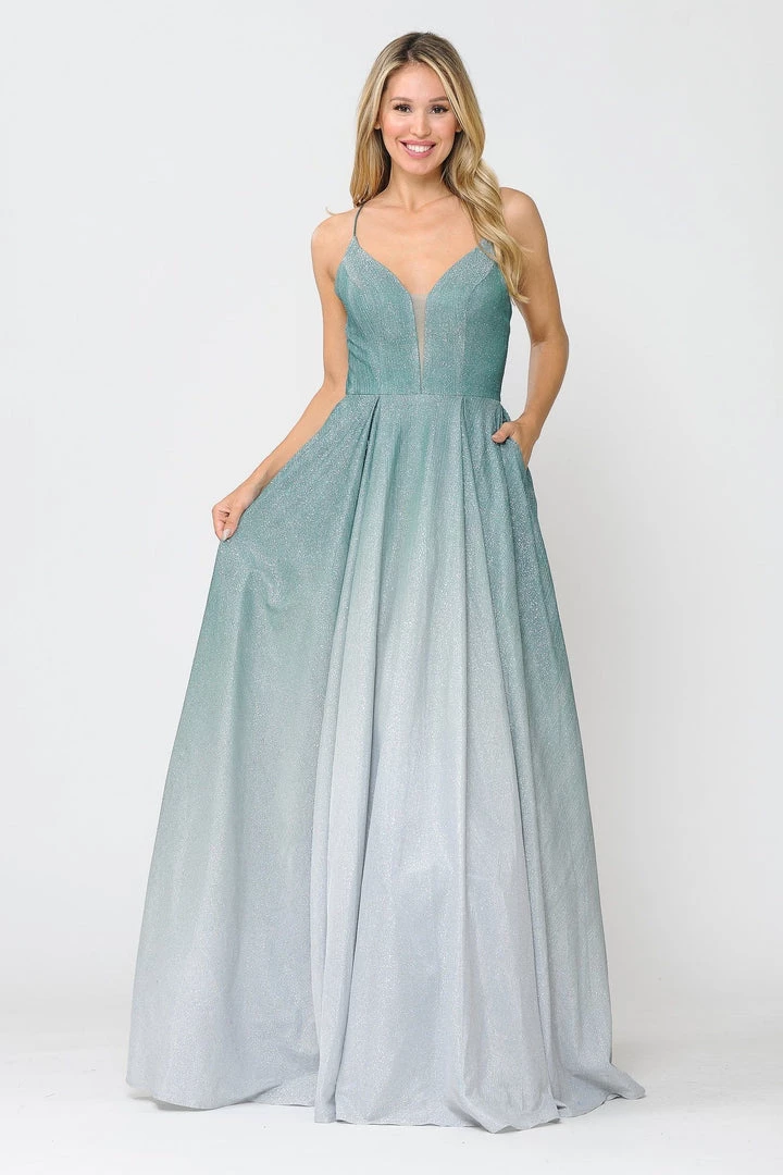 Prom Long Ombre Glitter V-Neck Dress With Corset Back By Poly USA 8712 11 Prom Long Ombre Glitter V-Neck Dress With Corset Back By Poly USA 8712