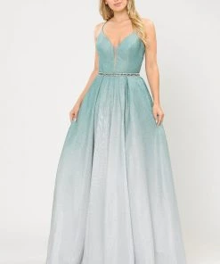 Prom Long Ombre Glitter V-Neck Dress With Corset Back By Poly USA 8712 26 Prom Long Ombre Glitter V-Neck Dress With Corset Back By Poly USA 8712