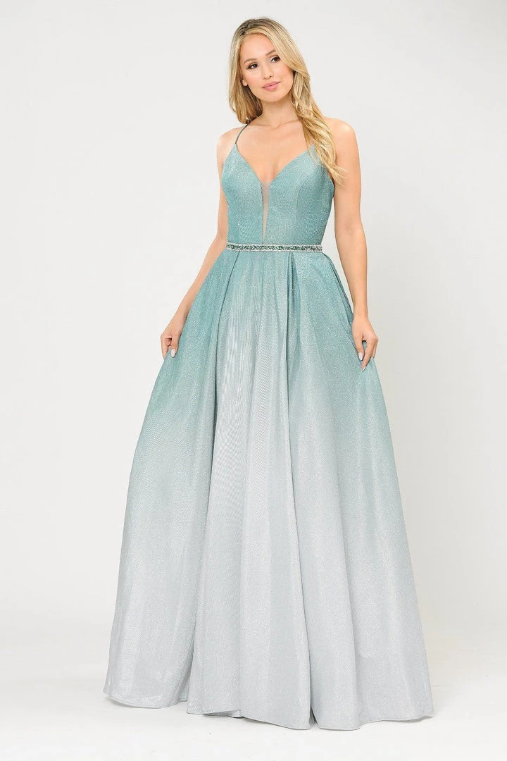 Prom Long Ombre Glitter V-Neck Dress With Corset Back By Poly USA 8712 10 Prom Long Ombre Glitter V-Neck Dress With Corset Back By Poly USA 8712