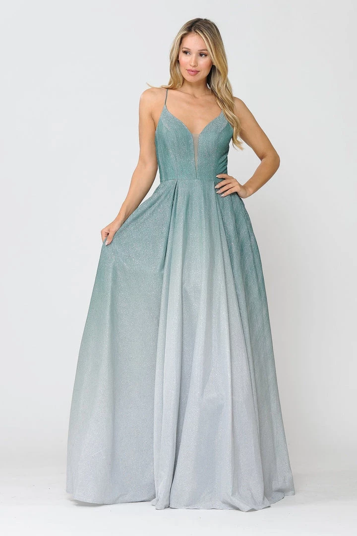 Prom Long Ombre Glitter V-Neck Dress With Corset Back By Poly USA 8712 12 Prom Long Ombre Glitter V-Neck Dress With Corset Back By Poly USA 8712