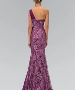 Long One Shoulder Lace Dress With Chiffon Overlay By Elizabeth K GL1000 Prom