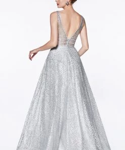 Long Open Back A-line Glitter Dress By Cinderella Divine CJ256 Prom