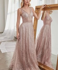 Long Open Back A-line Glitter Dress By Cinderella Divine CJ256 Prom