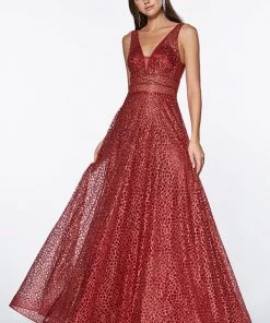 Long Open Back A-line Glitter Dress By Cinderella Divine CJ256 Prom