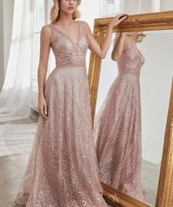 Long Open Back A-line Glitter Dress By Cinderella Divine CJ256 Prom