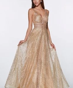 Long Open Back A-line Glitter Dress By Cinderella Divine CJ256 Prom