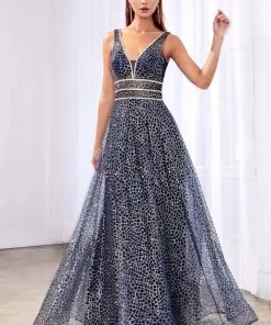 Long Open Back A-line Glitter Dress By Cinderella Divine CJ256 Prom