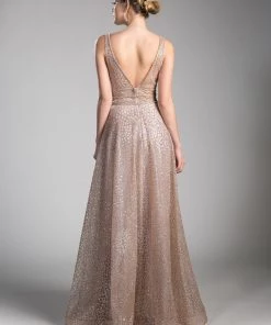 Long Open Back A-line Glitter Dress By Cinderella Divine CJ256 Prom