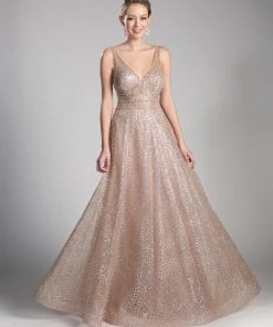 Long Open Back A-line Glitter Dress By Cinderella Divine CJ256 Prom