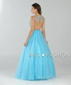 Long Open Back Ball Gown With Beaded Illusion Bodice By Poly USA 7940 Prom