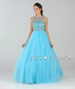 Long Open Back Ball Gown With Beaded Illusion Bodice By Poly USA 7940 Prom