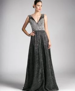Long Open Back Metallic Dress By Cinderella Divine 8269 Prom