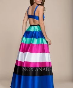 Long Open Back Blue Dress With Striped Skirt By Nox Anabel 8350 Prom